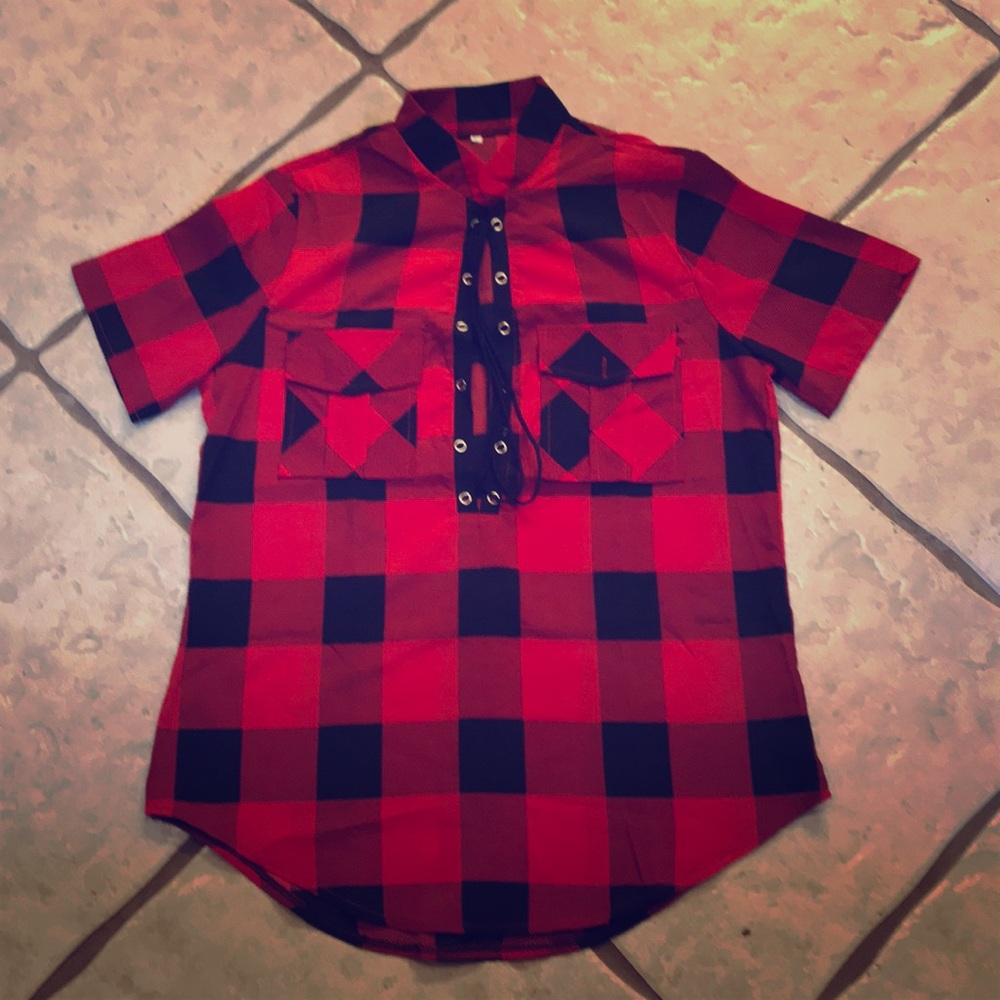 NWOT Buffalo Plaid Lace Up Top - Size L